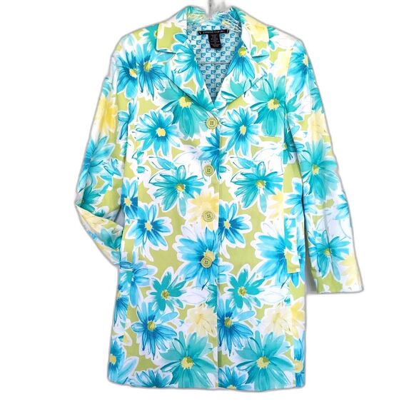 Pierre Cardin Long Coat Women's Size 8P Button Front Blue Green Daisy Flowers - Picture 1 of 11